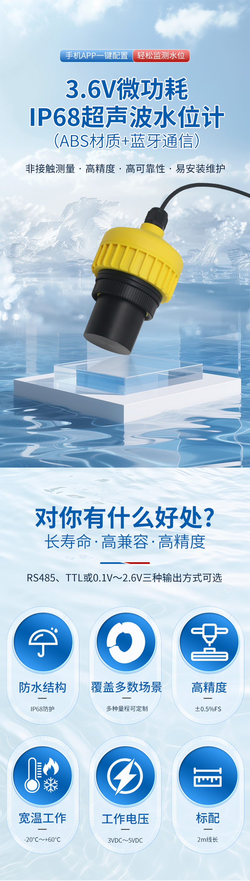 3.6V微功耗IP68超聲波水位計-NPT-2”螺紋-ABS材質(zhì)-黃色外殼-藍(lán)牙通信-3.6VDC供電_01.jpg
